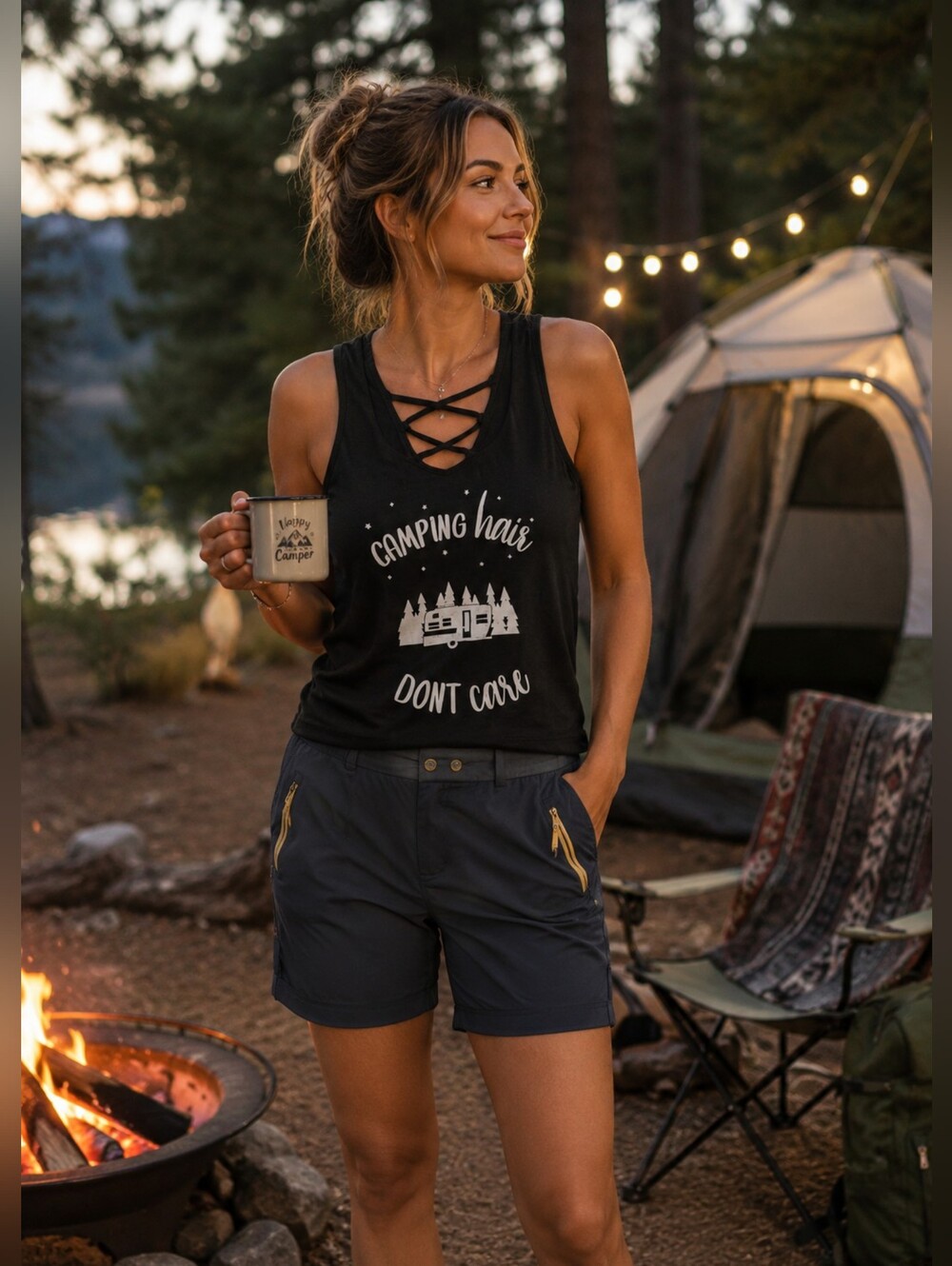 Warehouse Black Camping Hair Tank Top
